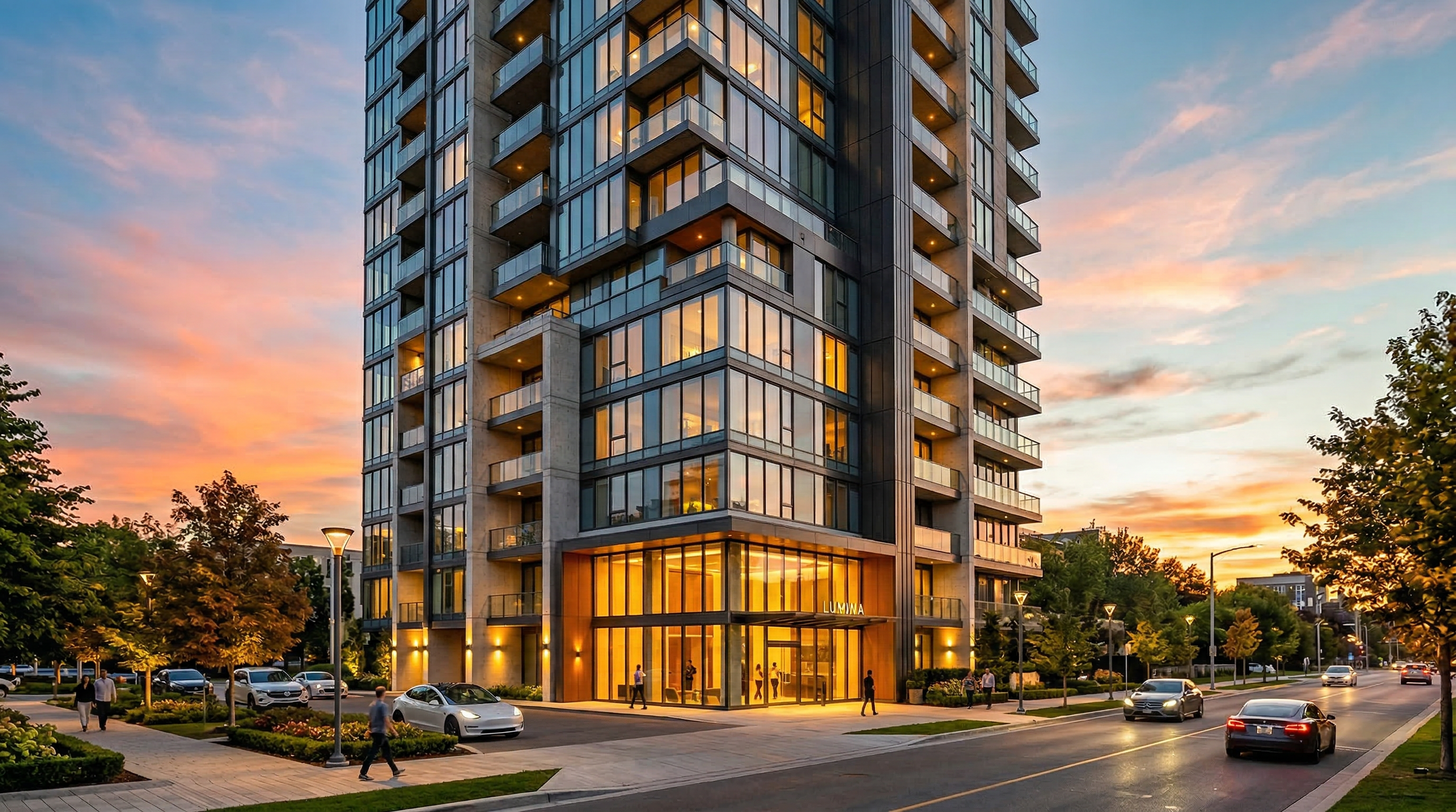 Modern luxury apartment building at golden hour